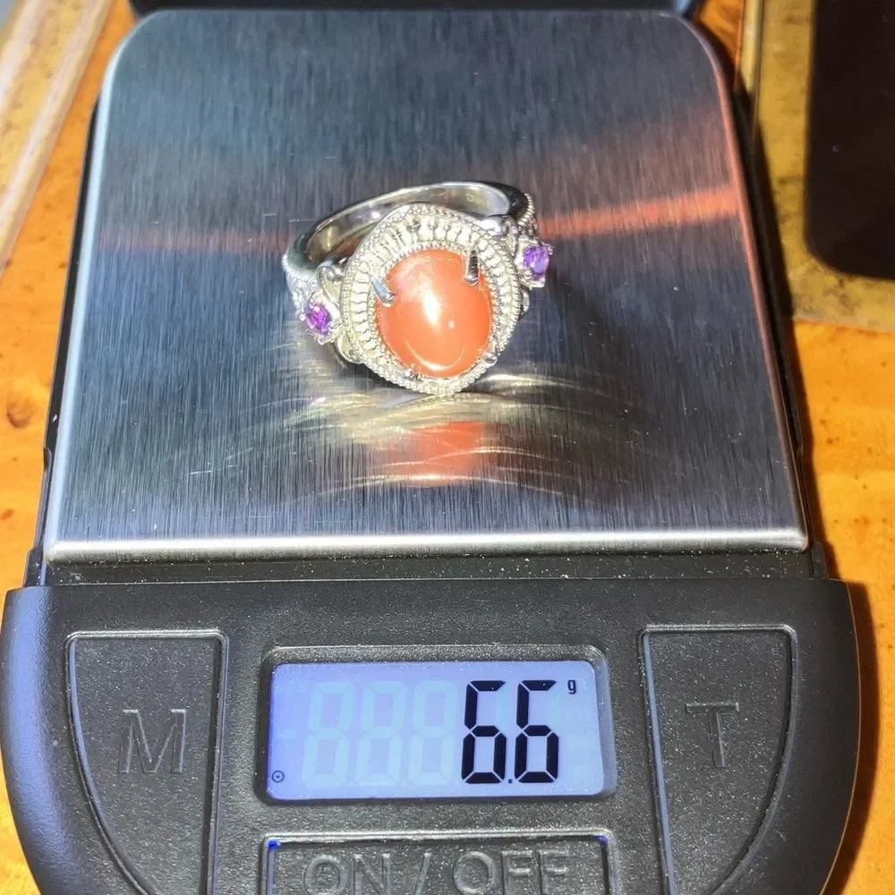Natural Peach Moonstone African Amethyst Sterling Silver Ring Size 7